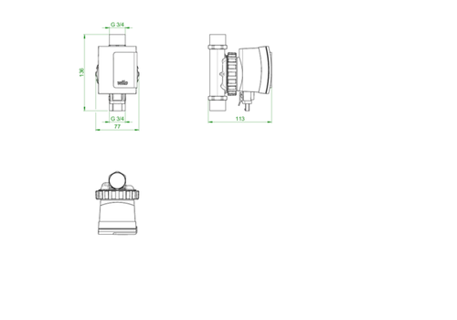 Oventrop Hocheffizienzpumpe mit zylindrischem Gehäuse und Anschlussleitungen, gezeigt in verschiedenen Ansichten für Installation und Verwendung in Heizsystemen.